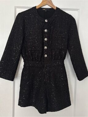 Maje Black Tweed Sequin Romper with Silver Buttons